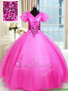 Eye-catching Organza V-neck Short Sleeves Lace Up Appliques Sweet 16 Dresses inHot Pink