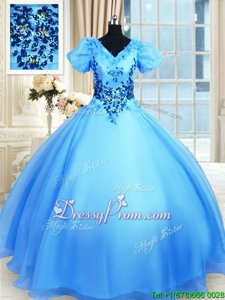 Dynamic Floor Length Ball Gowns Short Sleeves Baby Blue 15th Birthday Dress Lace Up