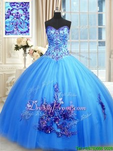 Dramatic Blue Ball Gowns Beading and Appliques and Embroidery Quinceanera Dresses Lace Up Tulle Sleeveless Floor Length
