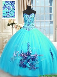 Hot Sale Beading and Appliques and Embroidery Quinceanera Gowns Baby Blue Lace Up Sleeveless Floor Length