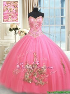 High Quality Rose Pink Ball Gowns Sweetheart Sleeveless Tulle Floor Length Lace Up Beading and Appliques and Embroidery Sweet 16 Quinceanera Dress