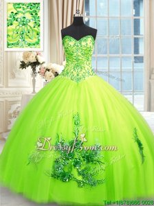 Yellow Green Tulle Lace Up Quinceanera Dress Sleeveless Floor Length Beading and Appliques and Embroidery