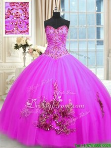 Fuchsia Sleeveless Floor Length Beading and Appliques and Embroidery Lace Up Quince Ball Gowns