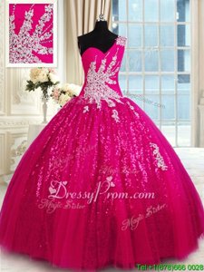 Beauteous Hot Pink Ball Gowns Tulle and Sequined One Shoulder Sleeveless Appliques Floor Length Lace Up 15 Quinceanera Dress