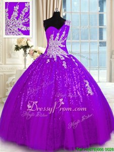 Best Purple Lace Up One Shoulder Appliques Sweet 16 Quinceanera Dress Tulle and Sequined Sleeveless