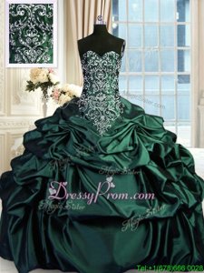 Affordable Sleeveless Taffeta Floor Length Zipper Quinceanera Gown inDark Green forSpring and Summer and Fall and Winter withBeading and Embroidery and Pick Ups