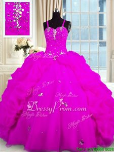Suitable Fuchsia Organza Lace Up 15 Quinceanera Dress Sleeveless Floor Length Beading and Pick Ups