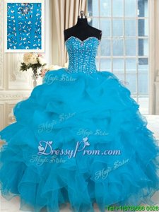 Elegant Baby Blue Ball Gowns Organza Sweetheart Sleeveless Beading and Ruffles Floor Length Lace Up Quinceanera Dress