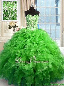 Cute Sweetheart Sleeveless Sweet 16 Dresses Floor Length Beading and Ruffles Spring Green Organza