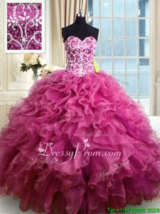 Unique Fuchsia Ball Gowns Beading and Ruffles Quinceanera Dress Lace Up Organza Sleeveless Floor Length