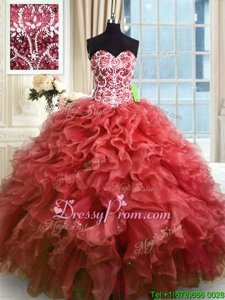On Sale Wine Red Sleeveless Organza Lace Up Quinceanera Dress forMilitary Ball and Sweet 16 and Quinceanera