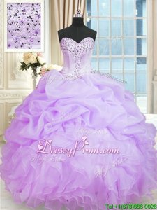 Romantic Sleeveless Organza Floor Length Lace Up 15th Birthday Dress inLavender forSpring and Summer and Fall and Winter withBeading and Ruffles