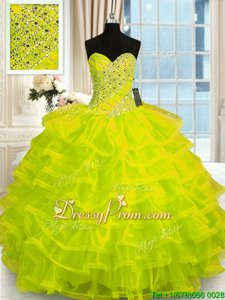 Fitting Yellow Green Lace Up Sweetheart Beading and Ruffled Layers Quince Ball Gowns Organza Sleeveless