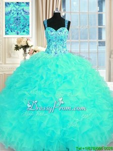 Custom Designed Organza Straps Sleeveless Lace Up Embroidery and Ruffles Quinceanera Gown inAqua Blue