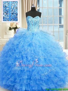 On Sale Baby Blue Sleeveless Floor Length Beading and Ruffles Lace Up Vestidos de Quinceanera