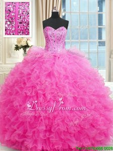 High Quality Floor Length Lace Up Quinceanera Gown Hot Pink and In forMilitary Ball and Sweet 16 and Quinceanera withBeading and Ruffles