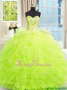Strapless Sleeveless Ball Gown Prom Dress Floor Length Beading and Ruffles Yellow Green Tulle