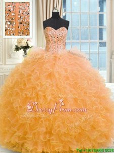 Eye-catching Orange Ball Gowns Beading and Ruffles Ball Gown Prom Dress Lace Up Tulle Sleeveless Floor Length