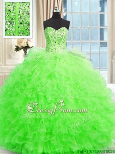 Sweet Spring Green Ball Gowns Strapless Sleeveless Tulle Floor Length Lace Up Beading and Ruffles Quinceanera Dress