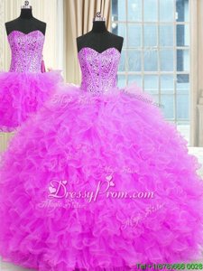 Nice Lilac Lace Up Sweet 16 Dress Beading and Ruffles Sleeveless Floor Length