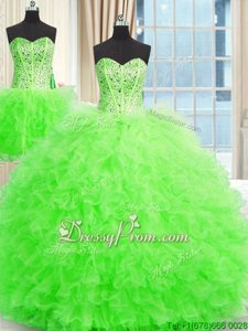 Gorgeous Spring Green Ball Gowns Strapless Sleeveless Tulle Floor Length Lace Up Beading and Ruffles Sweet 16 Dresses