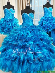 Fancy Blue Three Pieces Organza Sweetheart Sleeveless Beading and Ruffles and Ruching Floor Length Lace Up Quince Ball Gowns