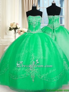 Eye-catching Strapless Sleeveless Tulle Quinceanera Gowns Beading and Embroidery Lace Up