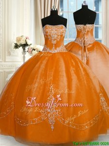 High End Gold Ball Gowns Organza Strapless Sleeveless Beading and Embroidery Floor Length Lace Up Sweet 16 Quinceanera Dress
