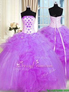 High End Purple Tulle Lace Up Strapless Sleeveless Floor Length Vestidos de Quinceanera Pick Ups and Hand Made Flower