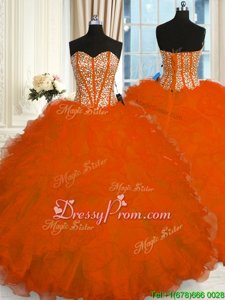 Attractive Sleeveless Floor Length Beading and Ruffles Lace Up Quinceanera Gowns with Orange