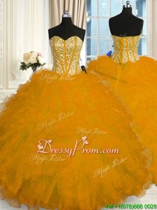 Designer Gold Ball Gowns Organza Sweetheart Sleeveless Beading and Ruffles Floor Length Lace Up Vestidos de Quinceanera