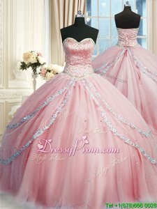 Dramatic Sweetheart Sleeveless Sweet 16 Quinceanera Dress With Train Court Train Beading and Appliques Pink Tulle