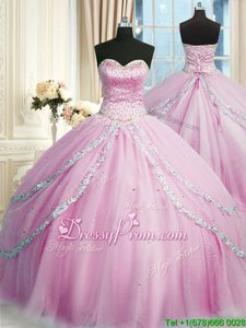 Fancy Beading and Appliques Ball Gown Prom Dress Lilac Lace Up Sleeveless With Train Court Train