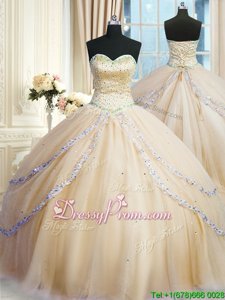 Fashionable Gold Ball Gowns Sweetheart Sleeveless Tulle With Train Court Train Lace Up Beading and Appliques 15th Birthday Dress