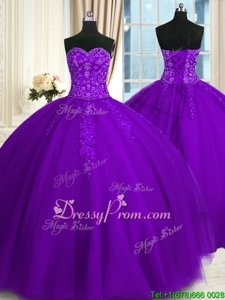 Purple Sleeveless Tulle Lace Up Quinceanera Gowns forMilitary Ball and Sweet 16 and Quinceanera