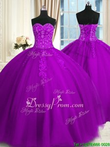 Low Price Purple Ball Gowns Sweetheart Sleeveless Tulle Floor Length Lace Up Appliques and Embroidery Quince Ball Gowns
