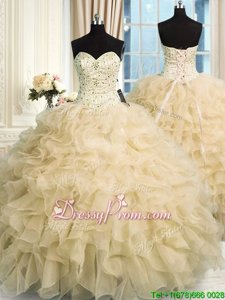 Romantic Champagne Sleeveless Organza Lace Up Quinceanera Gowns forMilitary Ball and Sweet 16 and Quinceanera