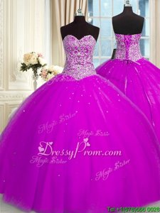 Classical Fuchsia Sweet 16 Dresses Military Ball and Sweet 16 and Quinceanera and For withBeading and Sequins Sweetheart Sleeveless Lace Up