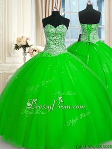 Ideal Floor Length Lace Up Ball Gown Prom Dress Spring Green and In forMilitary Ball and Sweet 16 and Quinceanera withBeading and Sequins
