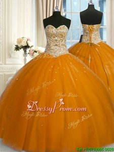 Spectacular Gold Sweetheart Neckline Beading and Sequins Ball Gown Prom Dress Sleeveless Lace Up