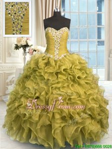 Luxury Olive Green Organza Lace Up Quinceanera Dress Sleeveless Floor Length Beading and Ruffles