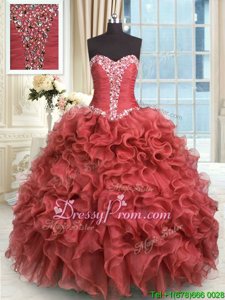 Extravagant Floor Length Rust Red 15 Quinceanera Dress Organza Sleeveless Spring and Summer and Fall and Winter Beading and Ruffles