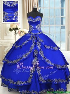 Hot Sale Royal Blue Sweetheart Neckline Beading and Embroidery and Ruffled Layers Quince Ball Gowns Sleeveless Lace Up