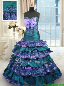 Simple Sweetheart Sleeveless Taffeta Sweet 16 Dresses Appliques and Ruffled Layers and Bowknot Sweep Train Lace Up