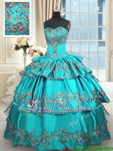 Best Aqua Blue Ball Gowns Sweetheart Sleeveless Taffeta Floor Length Lace Up Embroidery and Ruffled Layers Quinceanera Gown