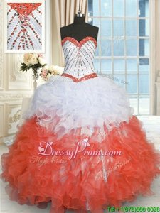 White And Red 15th Birthday Dress Military Ball and Sweet 16 and Quinceanera and For withBeading and Ruffles Sweetheart Sleeveless Lace Up