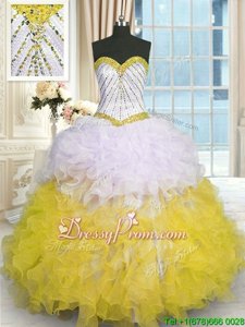 Floor Length Yellow And White Quince Ball Gowns Sweetheart Sleeveless Lace Up