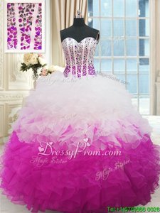 High End White and Fuchsia Ball Gowns Sweetheart Sleeveless Organza Floor Length Lace Up Beading and Ruffles Quinceanera Dress
