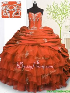 Chic Orange Red Ball Gowns Beading and Appliques and Ruffled Layers and Pick Ups 15th Birthday Dress Lace Up Organza and Taffeta Sleeveless With Train