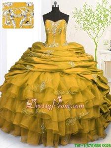 Custom Made Gold Sleeveless Brush Train Beading and Appliques and Ruffled Layers and Pick Ups With Train Quinceanera Dress